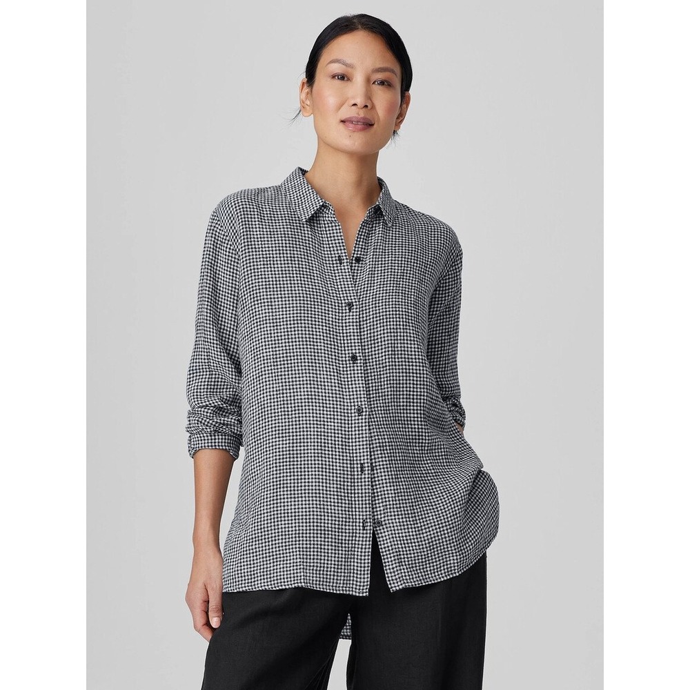 Eileen Fisher Shirt Gingham Organic Linen XS Black White Oversized Button Down